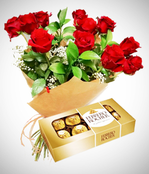 Flores a  Combo Pareja Perfecta: Bouquet de 12 Rosas y Chocolates