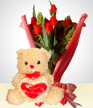 Flores a  Combo Romance: Bouquet de 6 rosas +Peluche