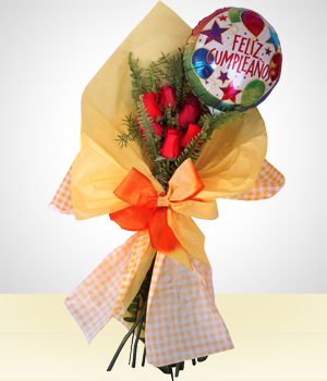 Flores a  Detalle de Cumpleaos: Bouquet 6 Rosas con Globo Feliz Cumpleaos