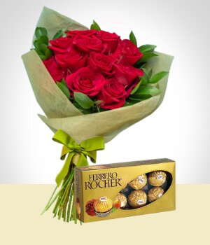 Flores a  Combo Tradición: 12 Rosas + Chocolates Ferrero Rocher