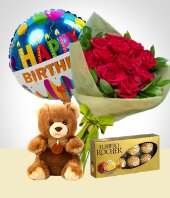 Peluches - Combo de Cumpleaños: Bouquet 12 Rosas, Oso, Chocolates, Globo Feliz Cumpleaños