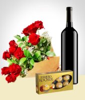 Flores - Combo Elegancia: Bouquet de 12 Rosas + Vino + Chocolates