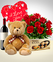 Regalos de Lujo - Combo Amor Total: 12 Rosas + Peluche + Globo + Rosas + Vino