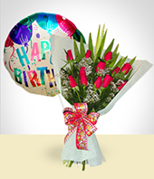 Flores - Combo de Cumpleaños: Bouquet de 12 Rosas + Globo Feliz Cumpleaños