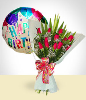 Flores a  Combo de Cumpleaños: Bouquet de 12 Rosas + Globo Feliz Cumpleaños