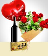 Amor y Romance - Combo Inspiración: Bouquet de 12 Rosas + Globo + Vino + Chocolates