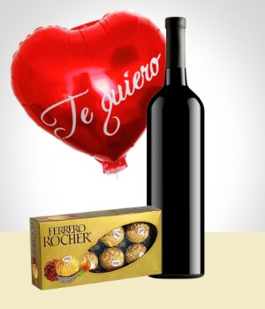 Flores a  Combo Terciopelo: Chocolates + Vino + Globo