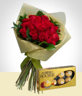 Día de San Valentín - Deseos de Amor: Bouquet de 24 Rosas y Caja de Chocolates